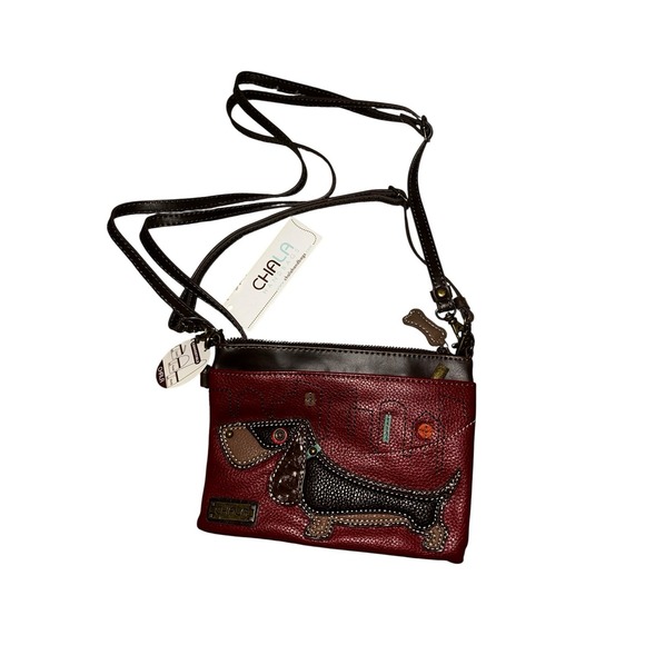 Burgundy Chala Indigo Wiener Dog Convertible Mini Crossbody Bag Wristlet Clutch - Picture 1 of 10